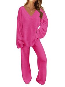lot 90209 image: MEROKEETY Womens Casual Winter Pajama Set Long Sleeve V Neck Fuzzy Fleece Knitted Pj Sweater Sets,Rose,L