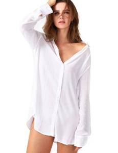 lot 90213 image: TOUSYEA Sleep Shirts for Women Button Down Shirts Long Sleeve Sleepwear Swimsuit Cover Ups Soft Pajama Tops White M