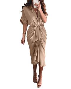 lot 90214 image: BTFBM 2024 Women Button Down Ruched Shirt Dresses Short Sleeve Lapel V Neck Elegant Party Spring Summer Maxi Satin Dress(Short Sleeve Light Khaki, Large)