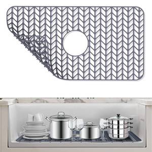 lot 90218 image: AWOKE Sink Protectors for Kitchen Sink - 26x 14 Sink Mat - Heat-resistant Easy-clean Silicone Sink Mat - for Protection of Stainless Steel Sink - with Center Drain (Grey)