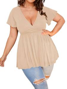 lot 90233 image: SweatyRocks Womens Plus Size Short Sleeve Deep V Neck Ruffle Hem Blouse Pleated Flared Peplum Top Khaki 3XL