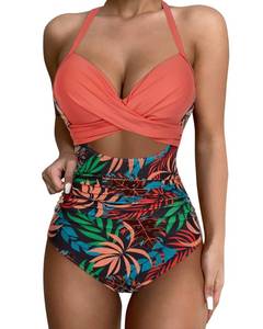 lot 90318 image: SUUKSESS Women Sexy Cutout One Piece Swimsuits Push Up High Waisted Monokini Bathing Suits (Coral Pink Leaf, L)