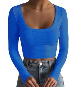 lot 90319 image: Artfish Womens Square Neck Long Sleeve Ribbed Slim Fitted Casual Basic Crop Top (Royal Blue, L)