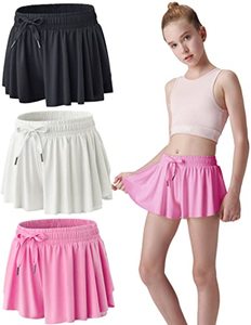 lot 90326 image: 3 Pack Girls Flowy Shorts with Spandex Liner 2-in-1 Youth Butterfly Skirts for Fitness, Running, Sports (Set 2, Youth Medium)