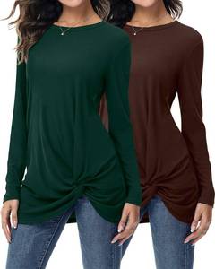 lot 90328 image: Ficerd 2 Pcs Womens Long Sleeve Shirts Casual Tops Twist Knot Tunic Tops Loose Blouses Tees(Large, Brown and Green, Long Sleeve)