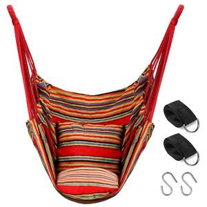 lot 90334 image: QF Hammock Chair Swing Hanging Hammock Chair - 2 Cushions Include - MAX 330lbs - Hammock Swing Seat Cotton for Patio, Porch, Bedroom, Backyard, Indoor or Outdoor (Rainbow)