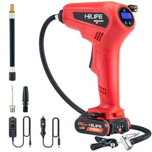 lot 90335 image: HILIPE Cordless Tire Inflator Portable Air Compressor with Battery and Charger,12V Lithium Battery Car Air Pump, Auto air pump with Digital Pressure Gauge for Car tires, Bicycle, Ball