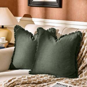 lot 90338 image: AmHoo Pack of 2 Linen Pillow Covers with Tassels Fringed Decorative Rustic Natural Throw Pillowcase Cushion for Couch Sofa Bedroom 26 x 26-Inch Green