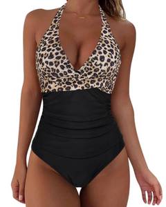lot 90339 image: SUUKSESS Women Sexy Halter Tankini Bathing Suits Slimming Tummy Control High Waisted Swimsuits 2 Piece (Leopard Black, M)
