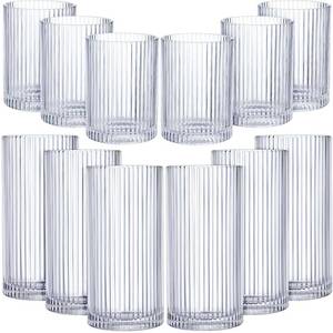 lot 90344 image: Zhehao 24 Pcs Ribbed Glass Cups Vintage Glassware 9 oz 12 oz Ribbed Clear Cocktail Drinking Glasses Set Bar Beverages Ice Coffee Cup Highball Glasses Ripple Drinkware