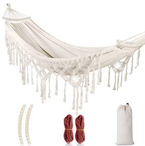 lot 90352 image: MOSFiATA Backyard Hammock with Tassels Max 500lbs Canvas Fabric Bohemian Style with Thickened Rope and Carry Bag for Outdoor, Garden, Patio, Wedding Decor (White)