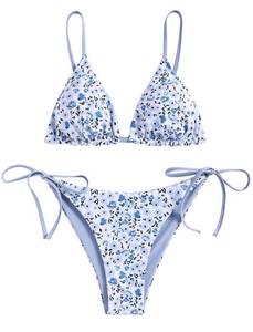 lot 90355 image: ZAFUL Womens Triangle Bikini Floral String Bikini Set Two Piece Swimsuit Bathing Suits (2-Blue Flower, S)