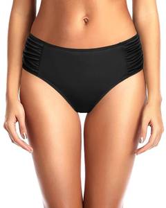 lot 90359 image: Tempt Me Women Black Bikini Bottoms Mid Waist Ruched Bathing Suit Swimsuit Full Coverage Swim Bottom L
