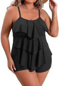 lot 90361 image: B2prity Women Plus Size Tankini Swimsuits Tummy Control Two Piece Bathing Suit Ruffled Flounce Swimwear with Shorts Black L