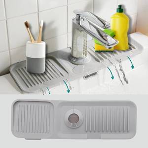 lot 90368 image: WIMZEN Kitchen Sink Splash Guard (17.7 x 5.5) - 5° Slope Silicone Draining Mat for Kitchen Sink, Faucet Mat for Kitchen Sink with Soap Dispenser & Sponge Holder, Water Drip Catcher Tray (Light Grey)