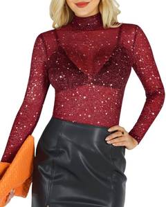 lot 90375 image: MANGOPOP Glitter Sheer Mesh Top Women Long Sleeve Sexy Shirt See Through Clubwear Tee Slim Blouse s
