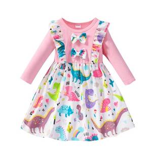 lot 90387 image: RETSUGO Baby Girl Dinosaurs Casual Splicing Ruffles Bowknot Dresses for Toddler Girls Long Sleeve Party Winter Outfits dinosaurs-1207-4T