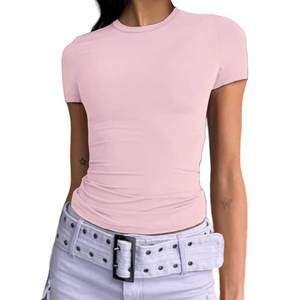 lot 90397 image: Dwnval Women Sexy Basic T Shirts Tops Summer Short Sleeve Crewneck Slim Fit Cute Crop Top Blouses(Light Pink, S)