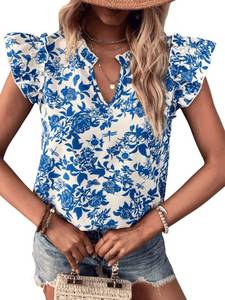 lot 90410 image: Floerns Womens Striped Notched V Neck Ruffle Cap Sleeve Blouse Tops Blue White Flower L