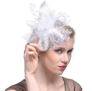 lot 90421 image: Umturmok Womens Tea Party Fascinators Mesh Flower-Shaped Pearl Feather Veil Kentucky Derby Fascinator Hats with Headband and Clip White