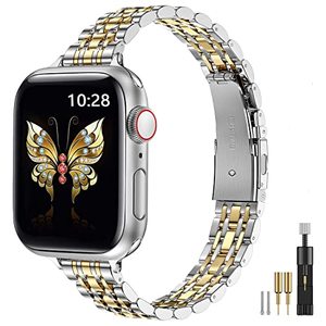 lot 91750 image: MioHHR Slim Metal Band Compatible with Apple Watch Band 42mm(Series 10) 41mm 40mm 38mm,Dressy Stainless Steel Chain Strap for Women iWatch Bands Series 9 8 7 6 5 4 3 2 1 SE,SilverGold