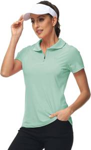 lot 91757 image: MoFiz Womens Short Sleeve Golf Polo Shirt Cooling Lightweight Stretchy Workout Summer Tops Zip Up Collared Bowling Shirt UPF50 Active T-Shirt Light Green XL
