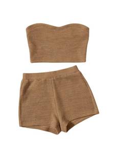 lot 91764 image: Verdusa Womens 2 Piece Outfit Ribbed Crop Bandeau Tube Top and Biker Track Shorts Sets Mocha Brown X-Small