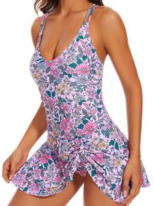 lot 91766 image: QGF Womens One-Piece Swimsuits, Sexy Tummy Control Bathing Suits, V Neck Adjustable Strap with Skirt Hem Swimwear