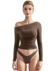 lot 91772 image: SUUKSESS Women Off Shoulder Long Sleeve Shirts Double Lined Fitted Crop Tops Y2K Tight T Shirts (Brown,M)