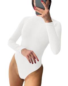 lot 91788 image: PALINDA Womens Mock Turtleneck Long Sleeve Bodysuit Ribbed Knit Stretchy Thong Bodysuit Tops(White,M)
