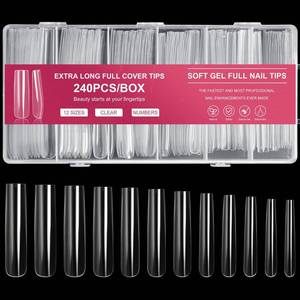 lot 91792 image: AORAEM Extra Long Square Full Cover Nail Tips 240PCS XXXL Clear Full Cover Fake Nails False Nails 12 Sizes Tapered Square Press on Fake Nail Tips for Acrylic Nails Salons Home DIY with Box