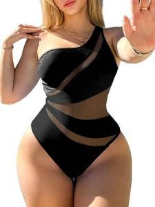 lot 91803 image: Swmmer Liket Womens Sexy One Piece Black Bathing Suits One Shoulder Swimsuits Monokini Slimming Mesh Swimwear