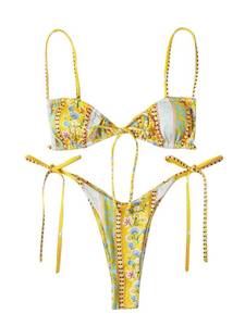 lot 91808 image: WDIRARA Womens Floral Print Tie Side Swimwear Straps Bikini Sets Swimsuits Yellow S