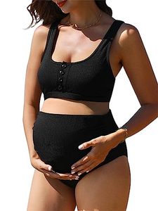 lot 91809 image: Summer Mae Maternity Ribbed High Waist Swimsuit Crop Top Bikini Bathing Suit High Cut Two Piece Pregnancy Swimwear Black Medium