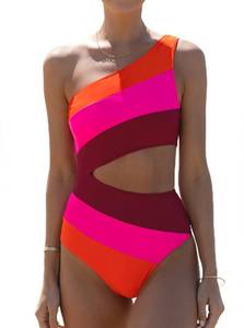 lot 91812 image: Hilinker Cut Out One Piece Bathing Suit for Women Color Block One Shoulder Swimsuit Red Medium