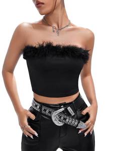 lot 91818 image: OYOANGLE Womens Fuzzy Trim Strapless Sleeveless Solid Fitted Bandeau Crop Tube Top Black XS
