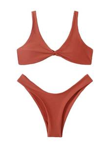 lot 91819 image: Verdusa Womens Twist Front High Cut Thong Two Piece Bikini Set Swimsuit Burnt Orange XS