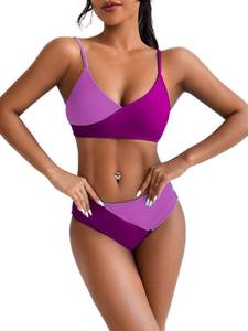 lot 91828 image: Modihito Womens Solid Spaghetti Strap Bralette Bikini Set Two Piece Swimsuit LGA20276-36-Purple and Pink-L