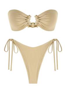 lot 91830 image: ZAFUL 2 Piece Bikinis for Women 2023 Cut Out Swimsuit High Cut String Bikini Glitter Swimsuits Light Coffee S