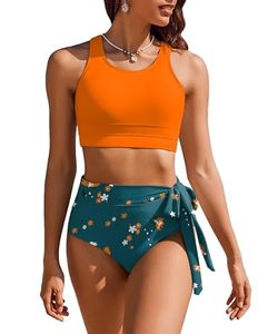 lot 91831 image: AIMAGE Womens High Waisted Bikini Set Tummy Control 2 Piece Bathing Suit Modest Racerback Swimsuit 2024 with Tie Side Knot Orange Green L