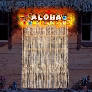lot 91835 image: SmoothNovelty 40x55 Inches Natural Raffia Door Curtain with Lighted Tiki Banners Aloha Tropical Door Porch Signs LED Beachy Blooms Floral Doorway Curtains Hawaiian Luau Summer Party Decorations