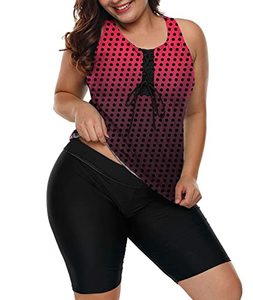 lot 91838 image: LALAGEN Womens 2024 Plus Size Tankini Swimsuits Rash Guard Capris Athletic Two Piece Swimwear Bathing Suits Polka-Dot Red Black L