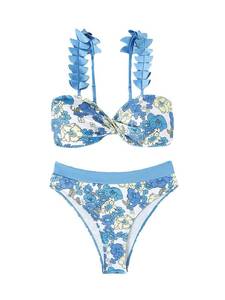 lot 91846 image: OYOANGLE Womens 2 Piece Floral Print Twist Front Bikini Swimsuits Ruffle Strap Bathing Suit Blue Multi Large