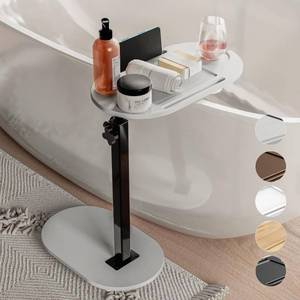 lot 87274 image: Yumkfoi Bamboo Bathtub Tray Table with Adjustable Height, Freestanding Bathtub Caddy for Tub Against Wall, Tub Organizer Suitable for Luxury Spa and House Warming - Patent Protected (Gray)