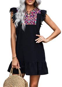 lot 87279 image: KIRUNDO Womens 2024 Summer Mini Dress Casual V Neck Floral Embroidered Ruffle Sleeveless Shift Dress Flowy Boho Dress, B-Black, Small