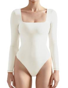 lot 87281 image: SUUKSESS Women Long Sleeve Bodysuit Sexy Square Neck Thong Body Suit Shirts Top for Fall and Winter (White, L)