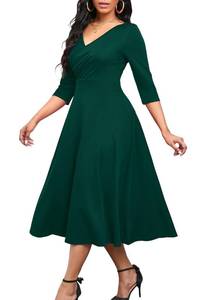 lot 87288 image: Nmoder Womens Casual Wrap Flared Midi Dress Wedding Guest Cocktail Tea Dresses A-Line Swing V-Neck 34 Sleeve Dark Green XL