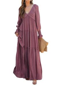 lot 87291 image: R.Vivimos Maxi Dress for Women Long Sleeve V Neck Empire Waist Layered Ruffle Boho Casual Flowy Long Dresses (Medium, DarkRose)