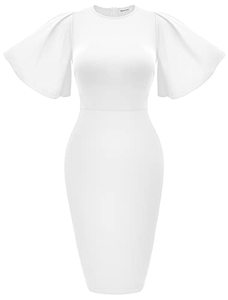 lot 90126 image: Memoriesea Womens Basic Bodycon Ruffle Flared Short Sleeve Pencil Midi Dress White
