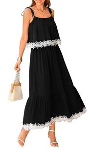 lot 90129 image: NALANISA Womens Summer Sleeveless Boho Dresses 2024 Tie Spaghetti Strap A Line Flowy Ruffle Tiered Long Maxi Sun Dress Beach Vacation Outfits(Black,Small)